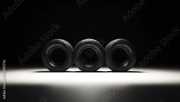 Obraz Three tires arranged in the center of the frame, illuminated by light from behind