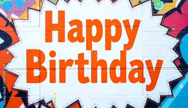 Obraz "Happy Birthday" in bold orange text on a white background, festive and simple.