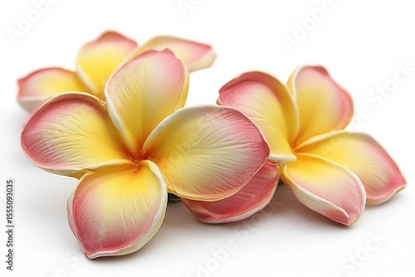 Obraz Three yellow and pink plumeria flowers, isolated on a white background,