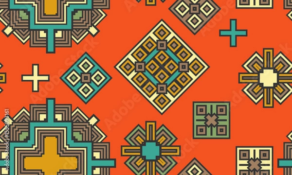 Fototapeta Seamless pattern with chaotically located multi-colored decorative elements on an orange background. Vector illustration