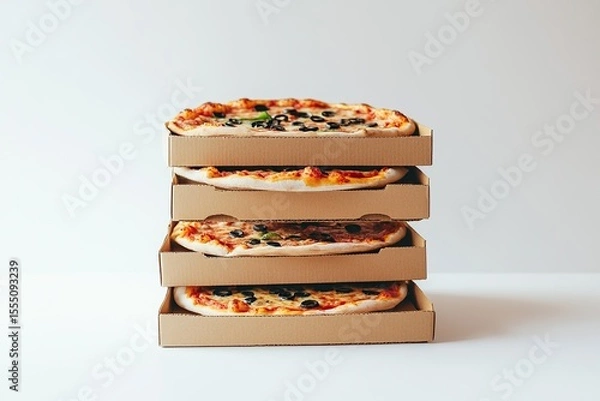 Obraz Three brown cardboard pizza boxes stacked on top of each other, on a white background,