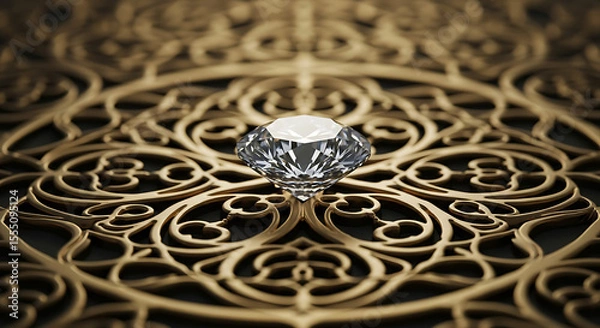 Obraz Single Diamond Sparkling with Light Rays – Luxury Concept, Perfectly Cut Diamond Stone Isolated – Macro Photography, 3D Rendered Diamond Gem on Elegant Black Background.

