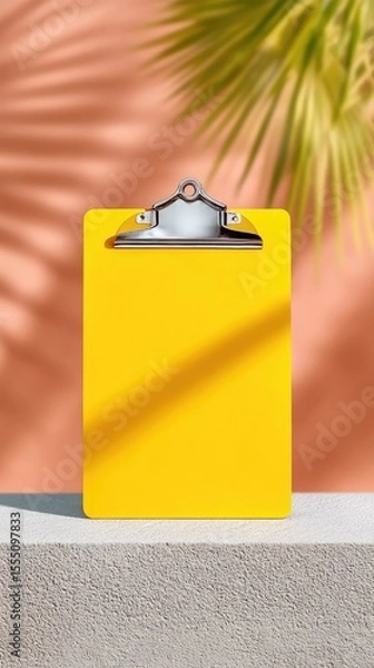 Fototapeta Yellow Clipboard Mockup with Palm Leaf Shadow