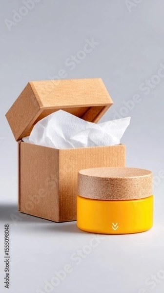 Fototapeta Yellow Cosmetic Jar in Open Kraft Box with Tissue Lining