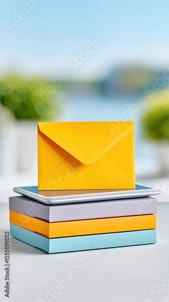 Fototapeta Yellow Envelope on Stack of Colorful Notepads on Desk