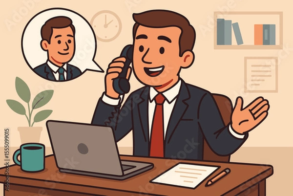 Fototapeta Businessman communicating effectively on the phone with a colleague. Vector cartoon illustration symbolizing workplace communication skills, customer service, and professional dialogue.