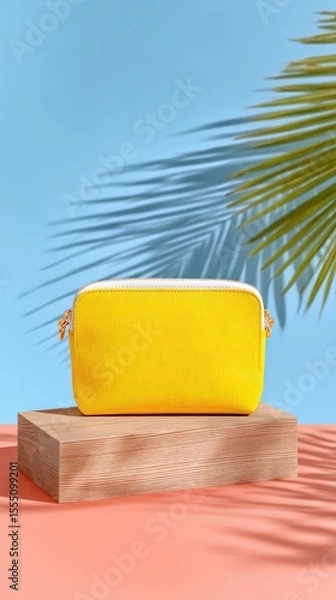 Fototapeta Yellow Textured Pouch Mockup on Wooden Platform with Palm Leaf Shadow