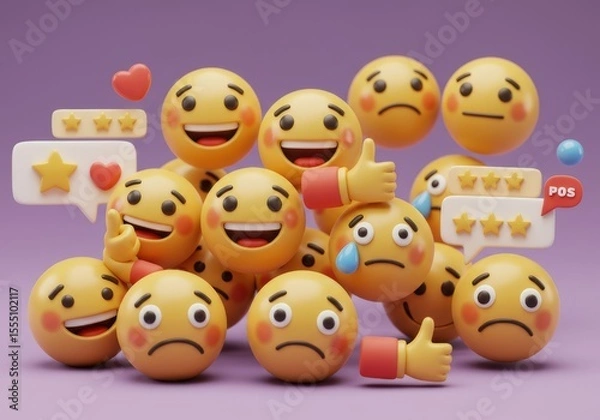 Fototapeta A collection of yellow emojis with various expressions on a purple background in a digital rendering