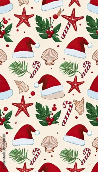 Fototapeta Pattern featuring Santa hats, candy canes, starfish, seashells, holly leaves on a light background. Christmas packaging.