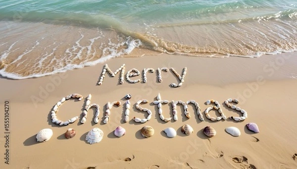 Fototapeta Text 'Merry Christmas' arranged with seashells on a sandy beach. Gentle waves lap at the shore, creating a holiday atmosphere.