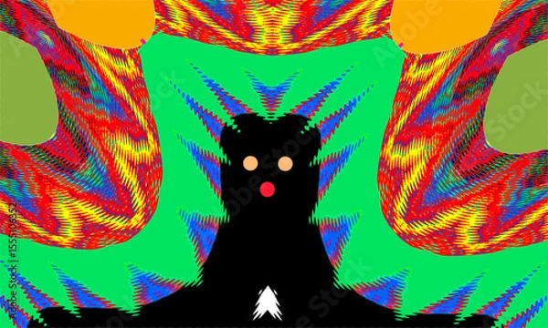 Fototapeta A symmetrical design features a central black silhouette with two circular eyes and a small red circle for a nose. Surrounding it are vibrant, multicolored patterns, creating a psychedelic visual. 