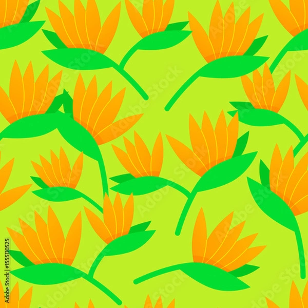 Fototapeta Seamless pattern of bird of paradise flowers on green background