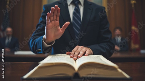 Obraz Fictional Concept: Government Worker Swearing Loyalty to a Leader — A Disturbing Oath Ceremony Symbolizing the Betrayal of the People and the Rise of Authoritarian Rule