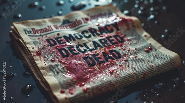 Obraz Fictional Concept: Newspaper Headline “Democracy Declared Dead” — A Soaked, Crumpled Newspaper with Bold Letters Symbolizing the Collapse of Democratic Ideals