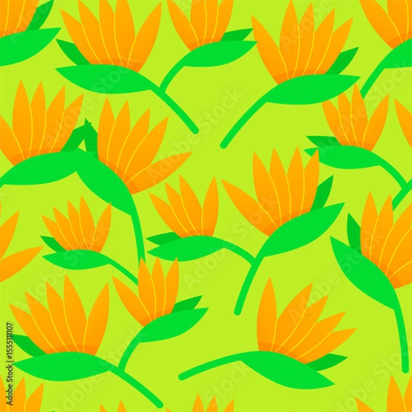 Fototapeta Seamless pattern of bird of paradise flowers on green background