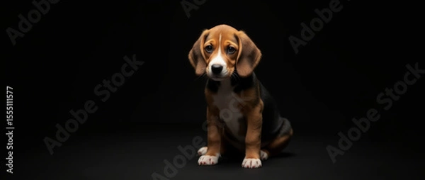 Obraz Beagle Puppy Sitting and Looking Forward in Absolute Darkness with Space for Text