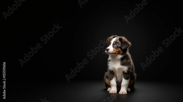 Obraz Australian Shepherd Puppy with Heterochromia in Absolute Darkness with Space for Text