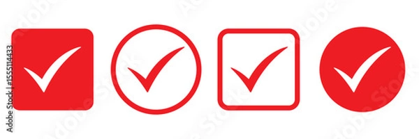 Fototapeta Red check mark icon. Verified badge, verification symbol set. Check mark illustration on white background. Red check mark icon and Approved, Accept icon. vector illustration