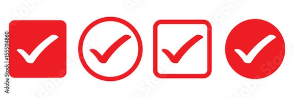 Fototapeta Red check mark icon. Verified badge, verification symbol set. Check mark illustration on white background. Red check mark icon and Approved, Accept icon. vector illustration