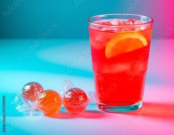 Fototapeta neon pink cocktail in a glass on a blue and pink background with marmalade and sweets, sweet, bright, neon style