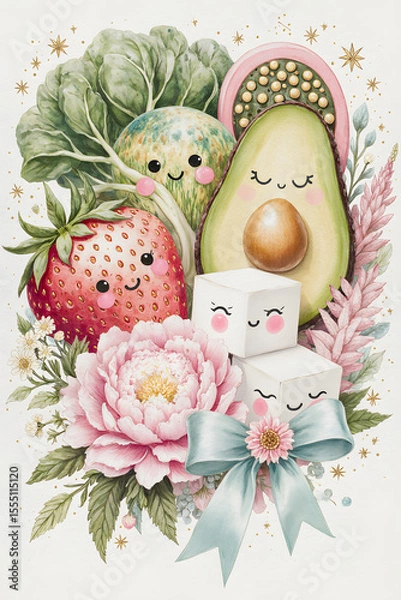 Obraz A charming watercolor illustration featuring adorable, smiling fruits and vegetables like strawberry, avocado, and broccoli, complemented by a delicate peony and a blue ribbon