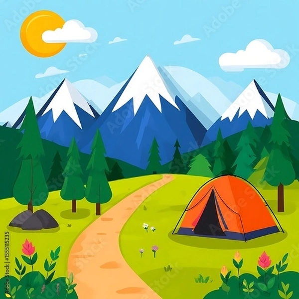 Fototapeta picture icon logo for a summer adventure camp in the mountains for teenagers.  stylized mountains, a path, a tent.  adventures, nature, mountains, summer, camp.