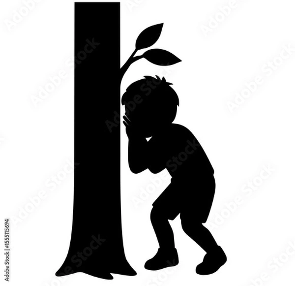 Fototapeta Silhouette of Child Hiding Behind Tree – Hide and Seek Game
