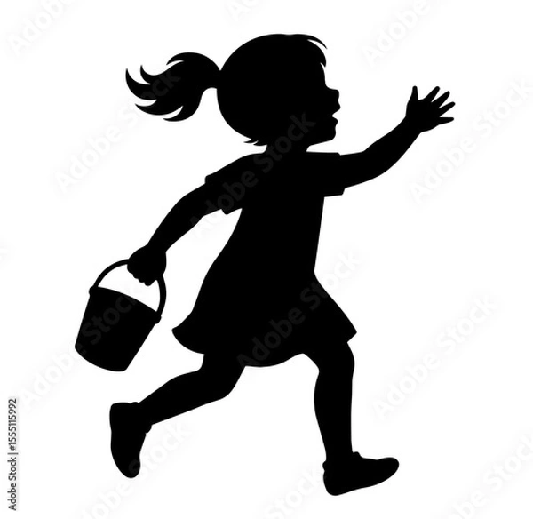 Fototapeta Silhouette of Little Girl Running with Bucket in Hand 