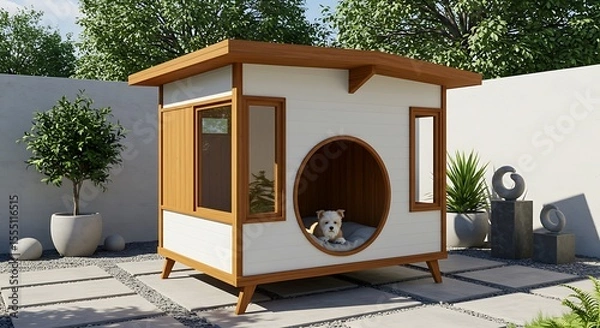 Fototapeta Designer Dog House: Teak and White Modernist Style