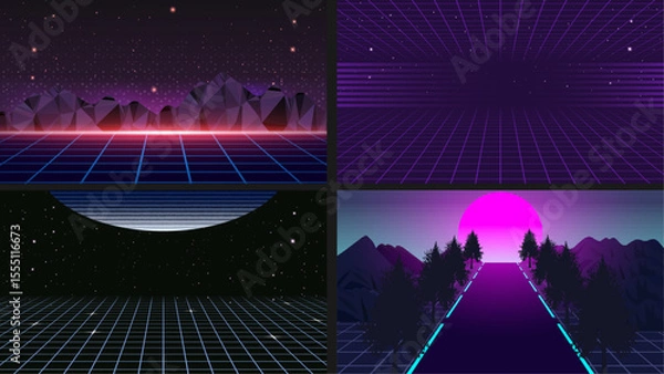 Fototapeta Retro 80s and 90s neon synthwave background bundle design. Bold colorful vaporwave and synthwave designs with grid, and metallic cyberpunk style retro background designs.