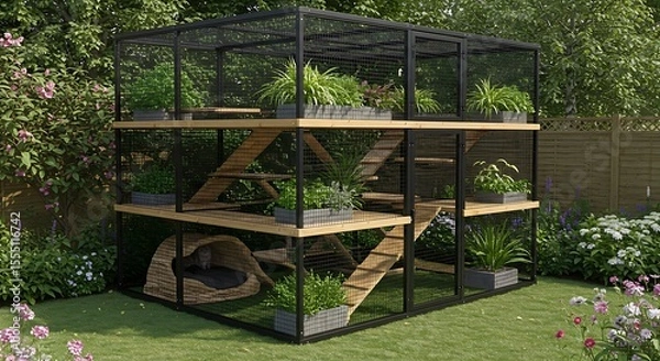 Fototapeta Lush Green Cat Sanctuary with Integrated Planters