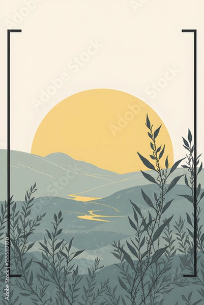 Obraz A serene, stylized landscape illustration depicts a large golden sun setting over rolling hills with a winding river, framed by dark foliage, evoking peace and new beginnings