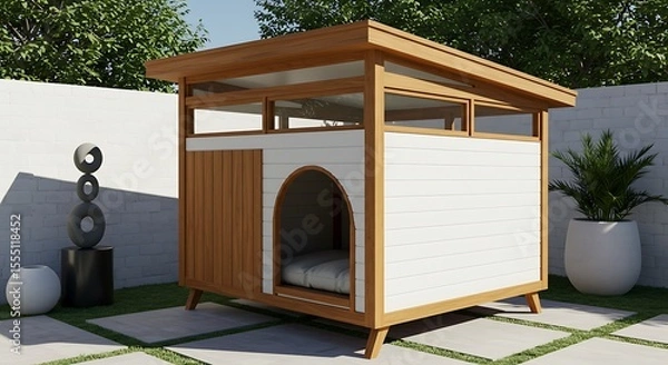 Obraz Stylish Dog House with Teak and White Panels,Mid-Century Modern Dog Bungalow, Elegant Design