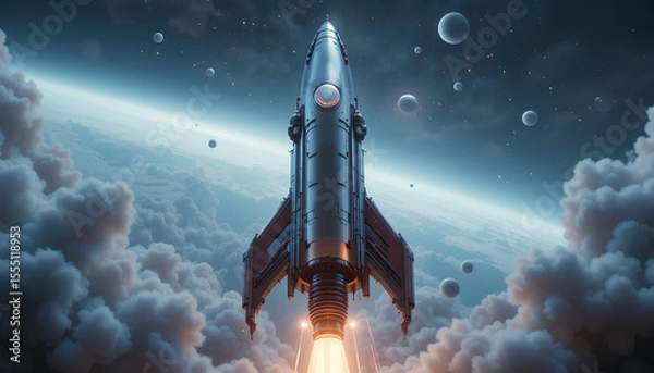 Obraz Futuristic Retro 3D Render of Rocket Spacecraft – High-Tech Sci-Fi Design