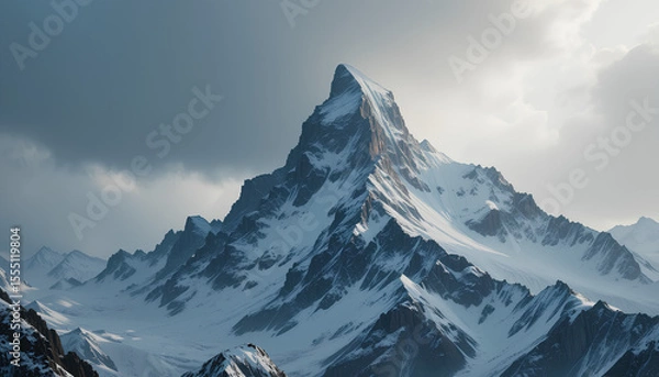 Obraz Detailed Dramatic Snow-Capped Alpine Mountain Peak with Rocky Cliffs and Moody Cinematic Lighting 