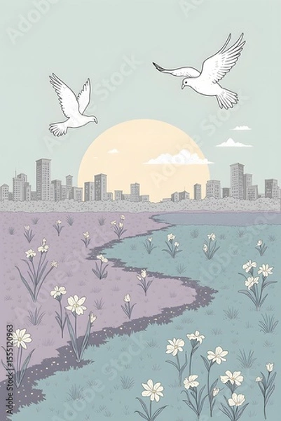 Obraz A peaceful illustration of two doves flying over a vibrant field with a winding path and delicate flowers, leading towards a city skyline under a soft sunset, symbolizing hope and rebirth