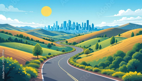 Obraz Digital Illustration of Curvy Winding Road Through Rolling Hills with Urban Skyline, Trees, and Sunlit Sky