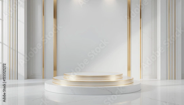 Obraz White Podium with Gold Trim Three-Tier Minimal Modern Design