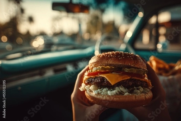 Fototapeta A hand holds a cheeseburger with lettuce, tomato, and cheese, while fries are visible, inside a classic vintage car during sunset