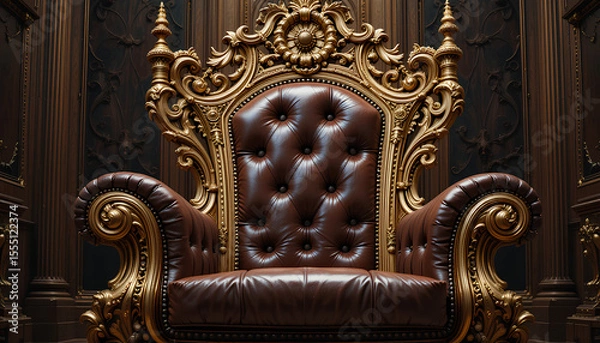 Obraz Highly Detailed Ornate Gilded Throne Chair with Intricate Carvings and Tufted Leather Upholstery