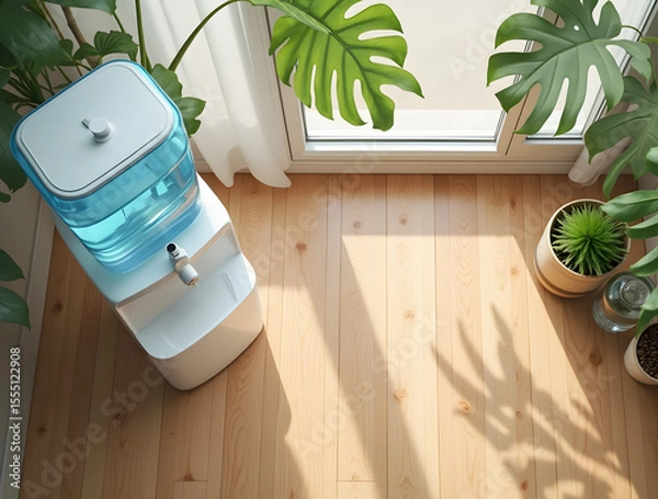 Obraz A top-down view of an eco-friendly office corner, featuring a water cooler, lush green plants, and natural light spilling onto a warm wooden floor, creating a serene and sustainable workspace