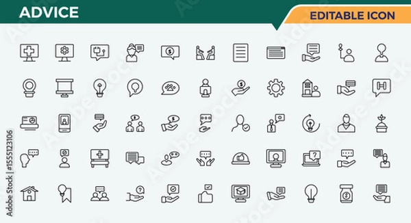 Fototapeta Advice line icon set. Modern vector illustration. Contains outline symbols like expert, leadership, lead, mentor, advice. Editable vector. Trainer vector icon set.