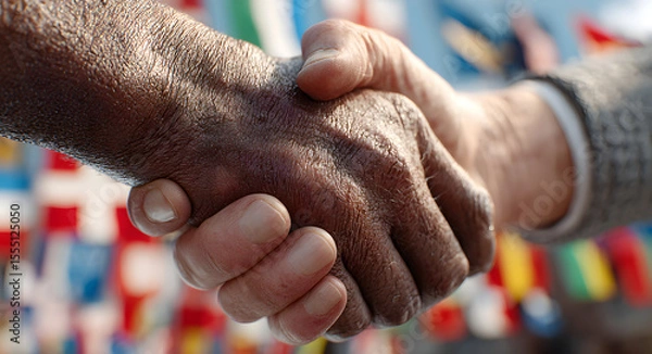 Fototapeta Business handshake with diverse international flags creating diplomatic partnership background. Global cooperation and multicultural relations concept