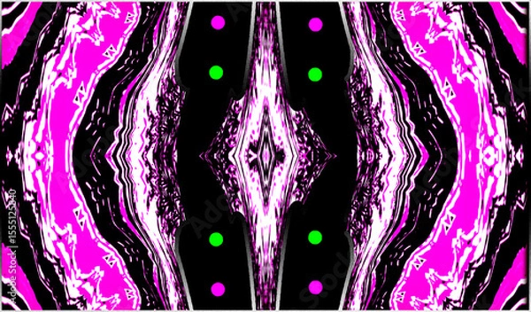 Fototapeta A kaleidoscopic pattern features pink and black wavy lines, framing a central diamond shape on a dark background. Green and pink dots accentuate the symmetrical design, striking a visual composition.