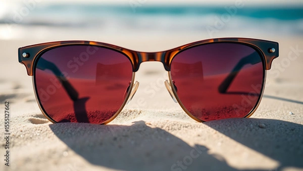 Obraz A close-up shot of tortoiseshell sunglasses with gradient dark red lenses resting on a soft, light sandy beach. The glasses are centered in the frame, casting their distinctive shadows on the sand. 