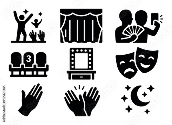 Fototapeta Entertainment and theater solid icon set. stage, audience, performance icons