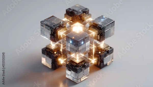 Fototapeta A modular quantum processor sculpture with geometric blocks interlinked by light beams, sleek design, photorealistic render, isolated on white