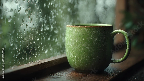 Fototapeta Rainy Day Window View with Green Mug and Fog