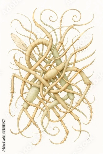 Obraz Abstract macro insect nature illustration in beige and green, depicting tangled biological forms