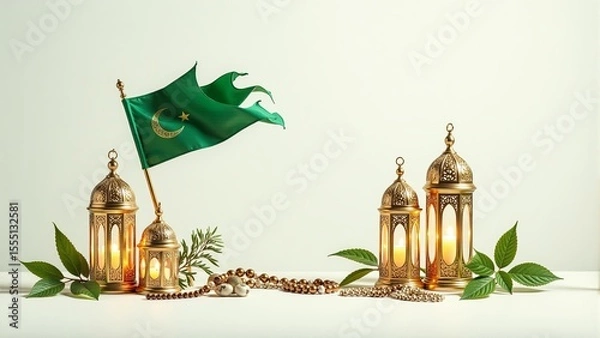 Obraz Golden Lanterns, Green Islamic Flag for Ramadan